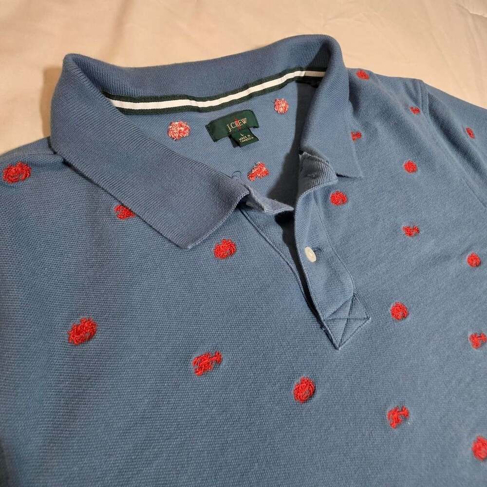 J.Crew Oarsmans Blue Cotton Polo Shirt Red Lobster Crab Embroidered Large
